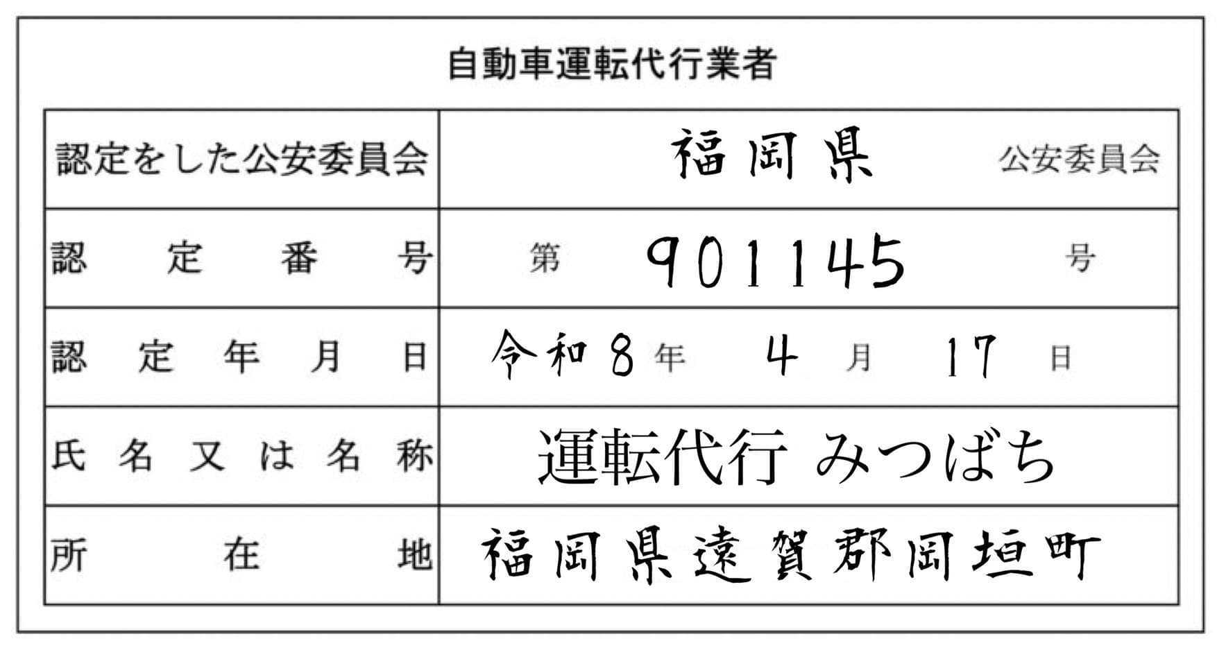 福岡県公安委員会 認定証(自動車運転代行業者) 認定番号 第901145号 認定年月日 令和8年4月17日 氏名又は名称 運転代行 みつばち 所在地 福岡県遠賀郡岡垣町